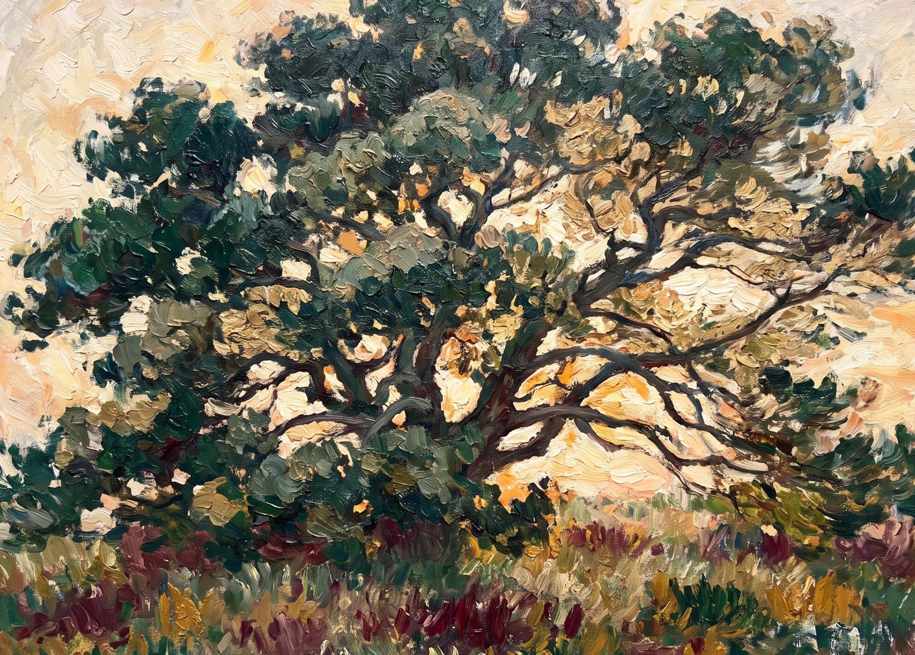 Grand arbre peint, feuillage lumineux