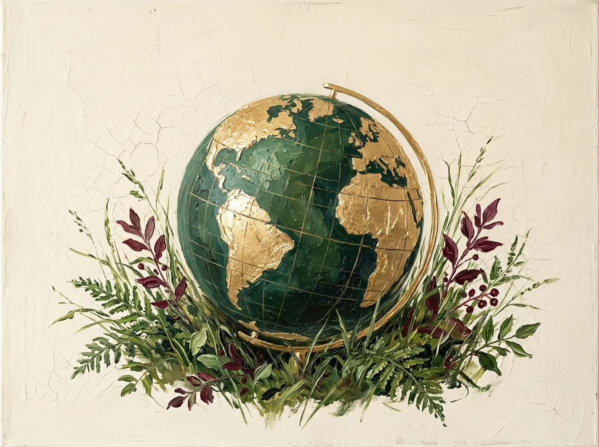 Deux mains, l'une offrant une jeune pousse, l'autre un globe vert et or, peinture à l'huile